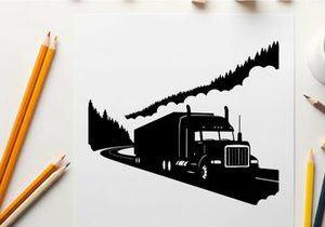Semi truck driving on a winding road through a forest in silhouette