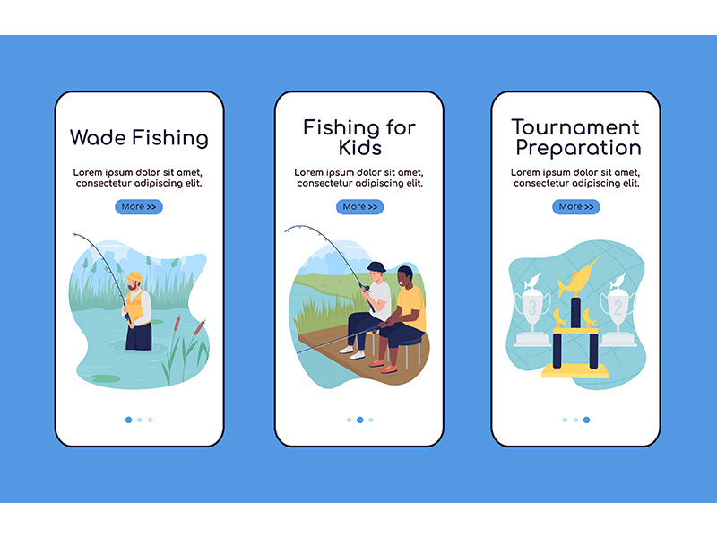 Camping trip with fishing onboarding mobile app screen flat vector template