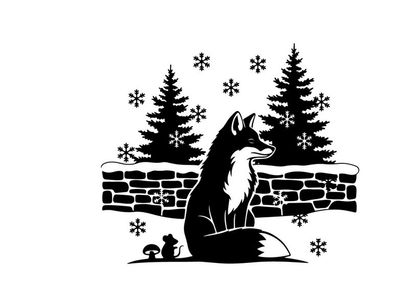 Silhouette of a fox sitting by a snowy wall with pine trees silhouette