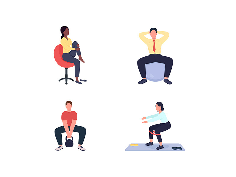Working out female and male employees flat color vector faceless character set