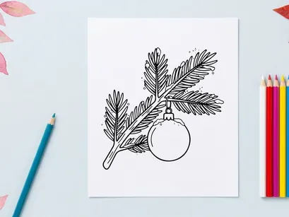 Rama de muérdago navideño dibujado a mano con bayas y ornamento colgante para decoración festiva
