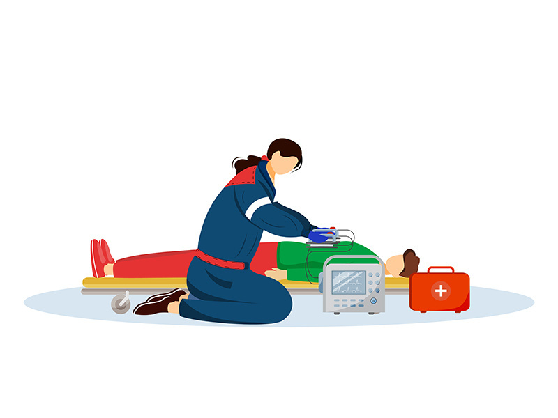 Paramedic giving first aid with defibrillator flat illustration