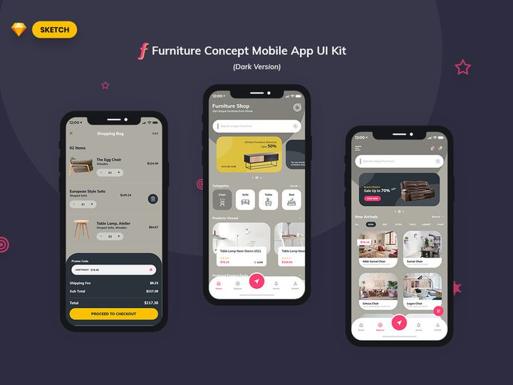 Furniture App UI Kit Dark Version (SKETCH)