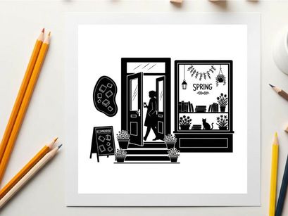 Silhouette of a woman entering a spring themed storefront