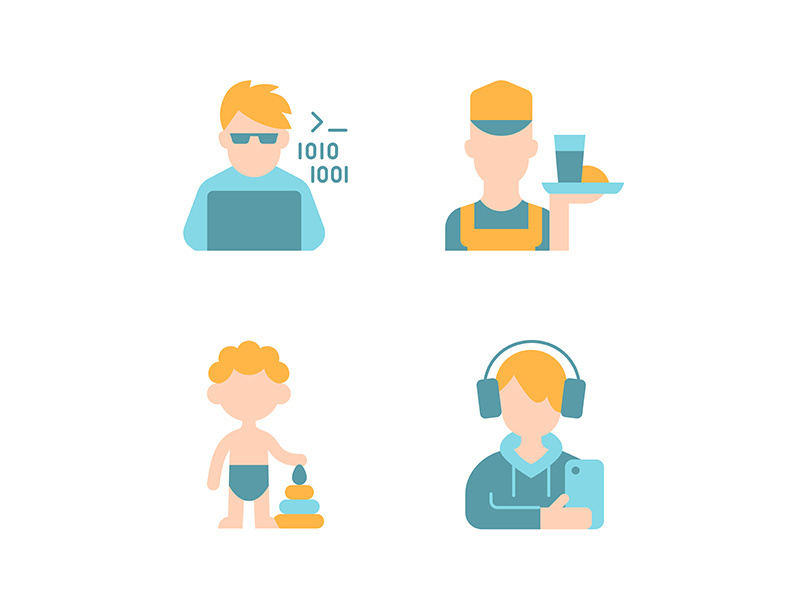 Different ages of man vector flat color icon set