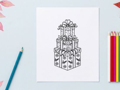 Stack of Christmas gift boxes with bows, holiday present coloring page illustration