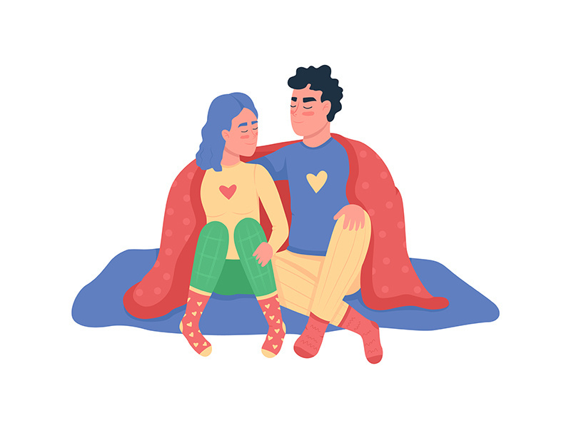 Couple hugging under blanket flat color vector detailed characters