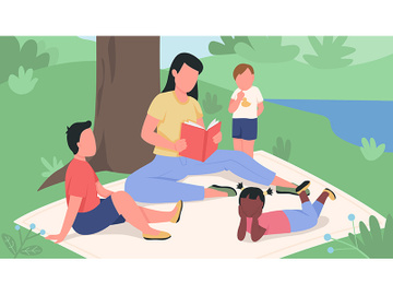 Girl reading book to kids in the park flat color vector illustration preview picture