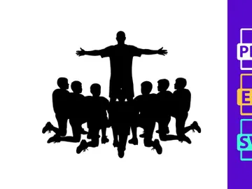 Silhouette of a man standing with arms outstretched surrounded by kneeling figures preview picture