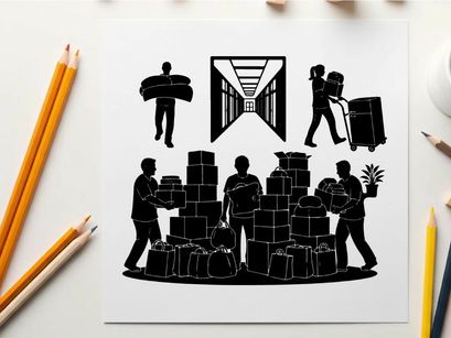 Silhouette of warehouse workers loading and unloading boxes and packages