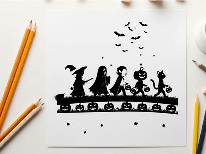 Halloween silhouette of children and pets in costume
