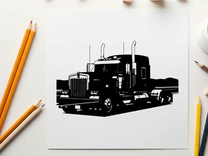 Silhouette of a large truck with a mountain range in the background silhouette