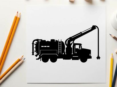 Silhouette of a large industrial vacuum truck with crane and hose