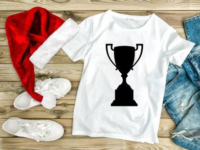 A black silhouette of a classic trophy cup on a white background