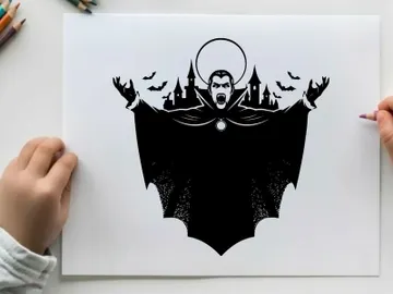 Silhouette of a vampire with castle and bats silhouette preview picture