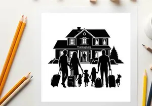 Family arriving at home for thanksgiving silhouette