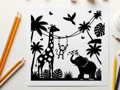 Silhouette of giraffe monkey elephant in tropical jungle scene