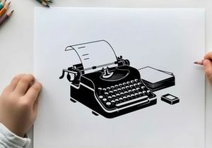 Vintage typewriter silhouette with paper and ribbon