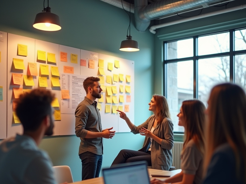 Team of designers brainstorming with sticky notes on a whiteboard.