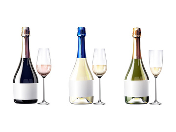 Wine in glass bottles with wineglasses realistic product vector designs set preview picture