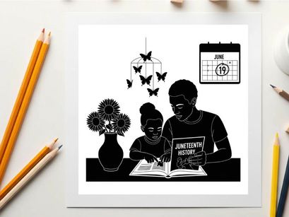 Juneteenth history book silhouette of man and woman reading together