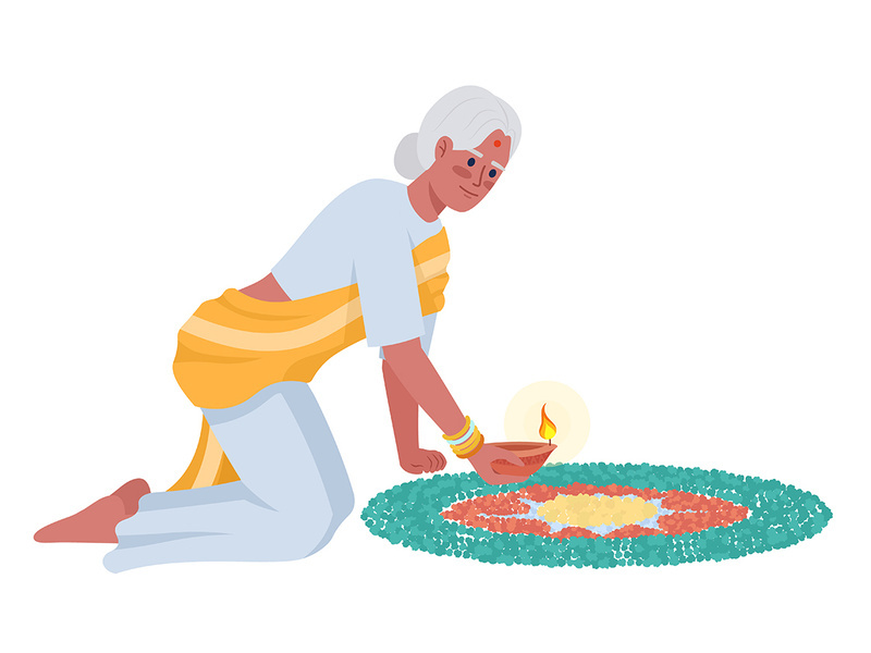 Senior woman with mandala and diya semi flat color vector character