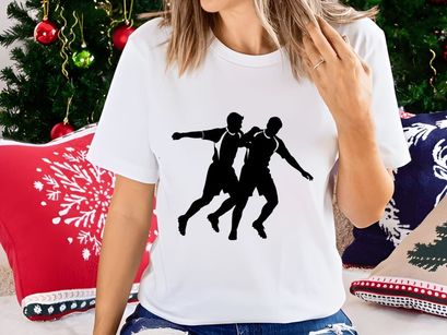 Two male athletes competing in a contact sport with arm outstretched