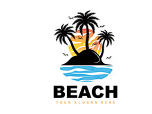 Coconut Tree Logo With Beach Atmosphere, Beach Plant Vector, Sunset View Design