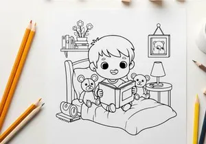 Cute child reading bedtime story with teddy bears vector illustration