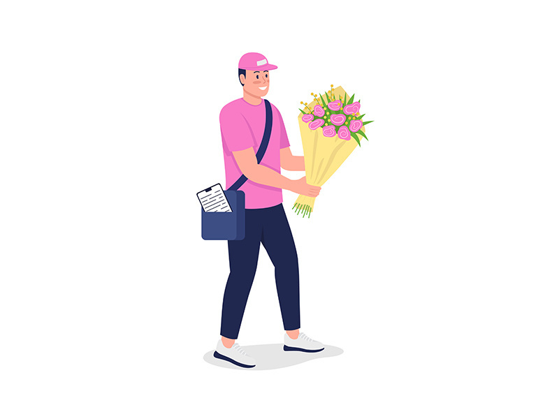 Smiling caucasian courier with bouquet flat color vector detailed character