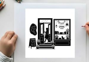 Silhouette of a woman entering a spring themed storefront