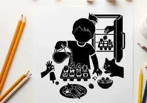 Silhouette of a child preparing food with a cat and hand