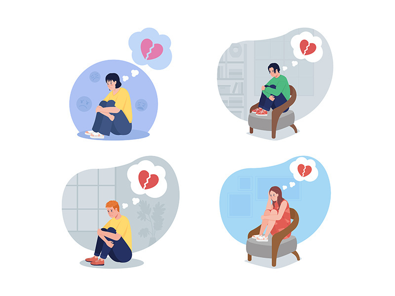 Lonely teen upset over breakup 2D vector isolated illustration set