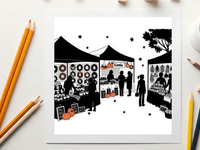 Silhouette of people at a vibrant outdoor market with tents and goods