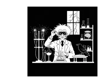 Silhouette of a mad scientist in his laboratory with a crow preview picture