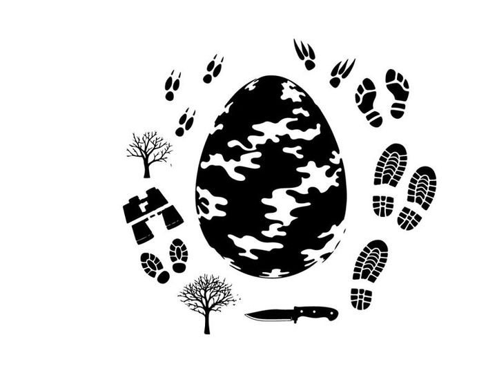 Silhouette of camouflage egg with footprints and outdoor objects