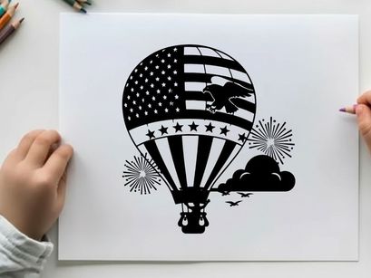 American flag hot air balloon silhouette with fireworks