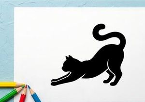 Silhouette of Stretching Cat in Dynamic Pose on White Background