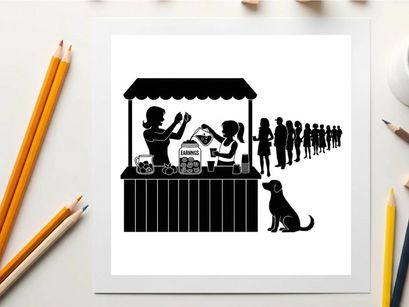 Silhouette of people waiting in line at a food stand with a dog
