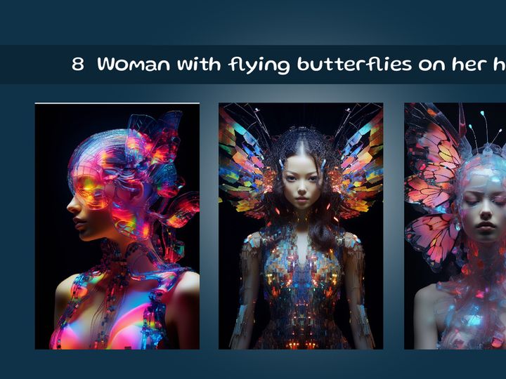 Woman with flying butterflies on her hair