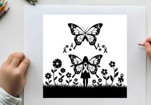 Silhouette of girl with butterfly and flowers and ribbons silhouette