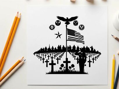 Memorial silhouette of soldier saluting american flag at cemetery