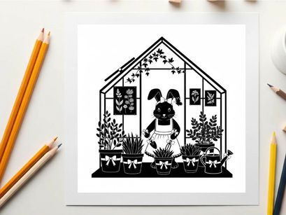 Rabbit in a greenhouse silhouette with plants and garden tools