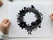 Silhouette of a floral wreath with bow and leaves