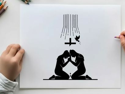 Silhouette of two people kneeling in prayer with cross silhouette