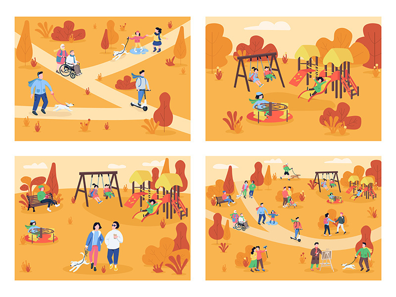 Autumn recreation area flat color vector illustration set