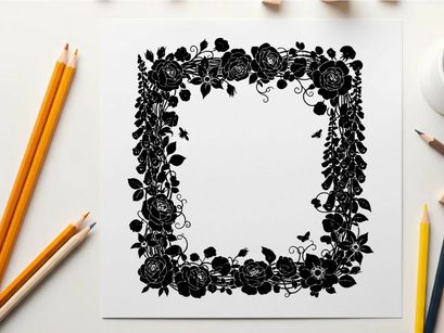 Silhouette floral border frame with roses and leaves