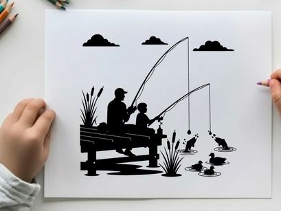 Silhouette of man and boy fishing together peacefully outdoors