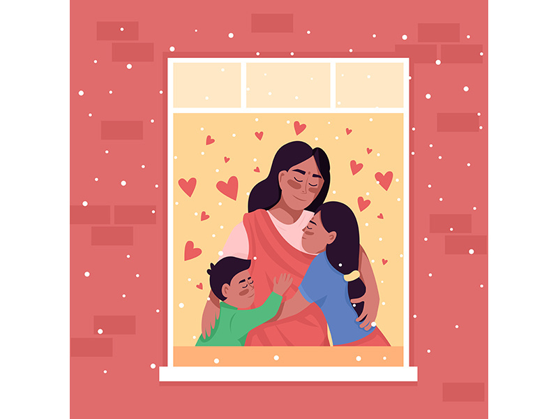 Happy indian family in home window flat color vector illustration