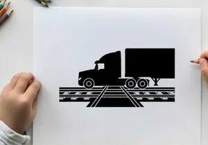 Silhouette of a semi truck on railroad tracks